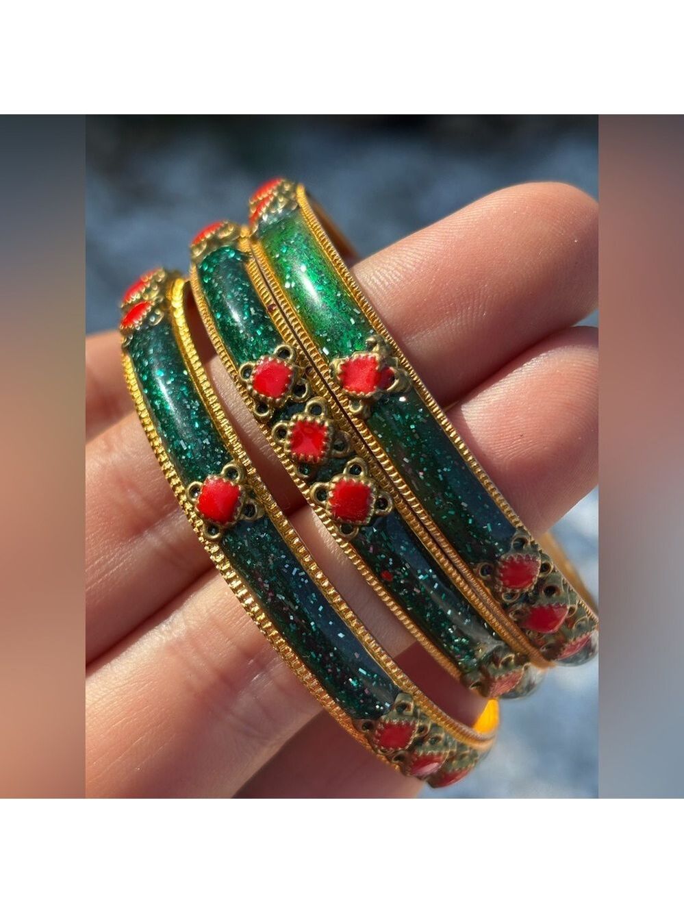 SET OF 5 Bright Multicolour Bangles Set Red and Green - Picture 5 of 9